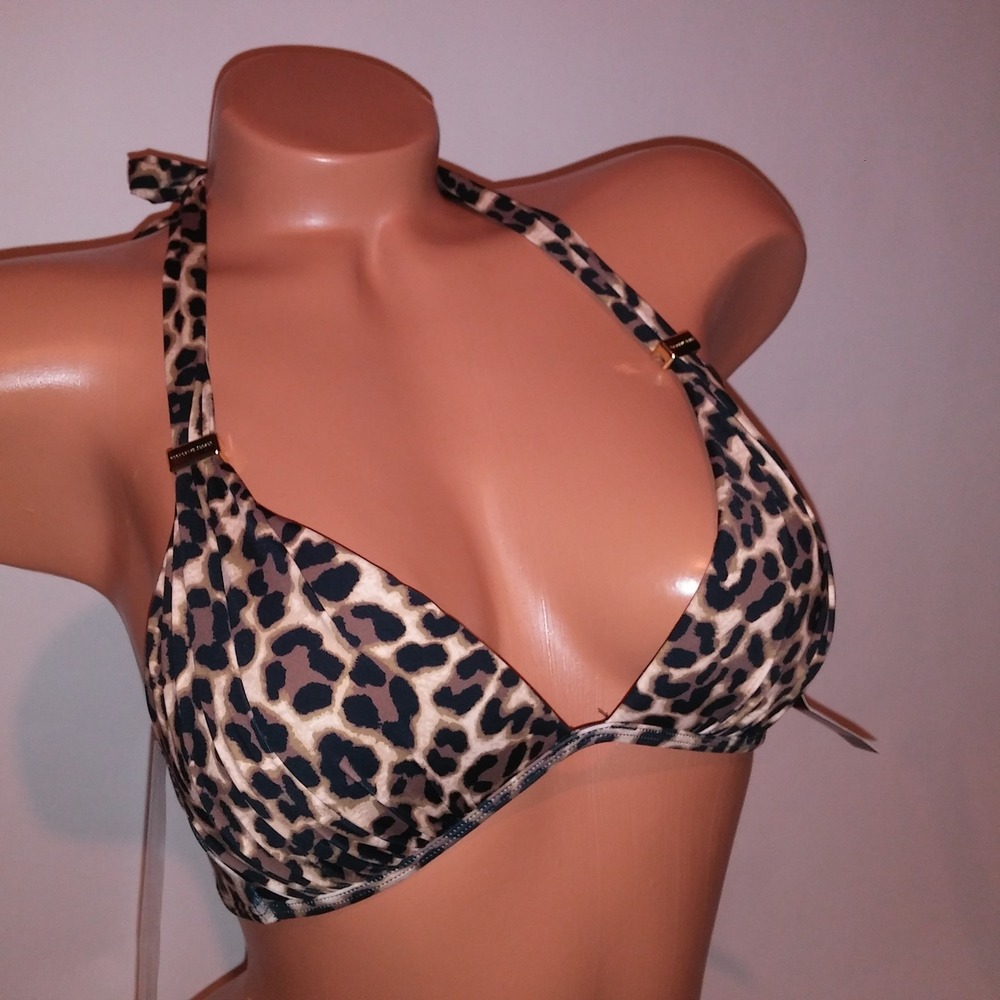 Victoria Secret Swim Bikini Top Small Triangle Black Tan Leopard Animal Print